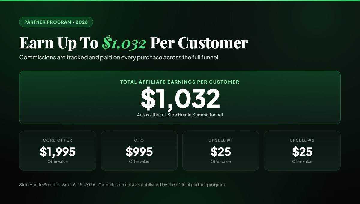 Side Hustle Summit commission structure — up to $1,032 total affiliate earnings per customer across the $1,995 core offer, $995 OTO and two $25 upsells