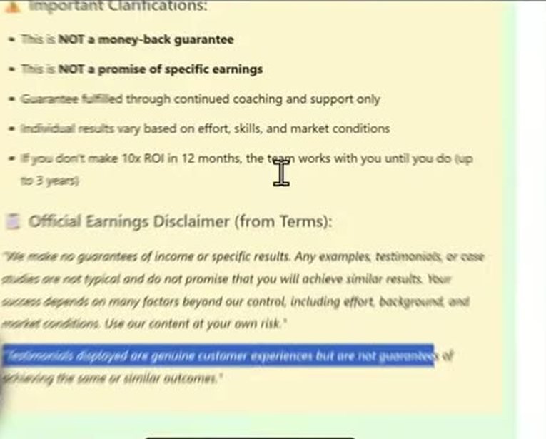Monetise guarantee clarifications stating it is not a money-back guarantee and not a promise of specific earnings