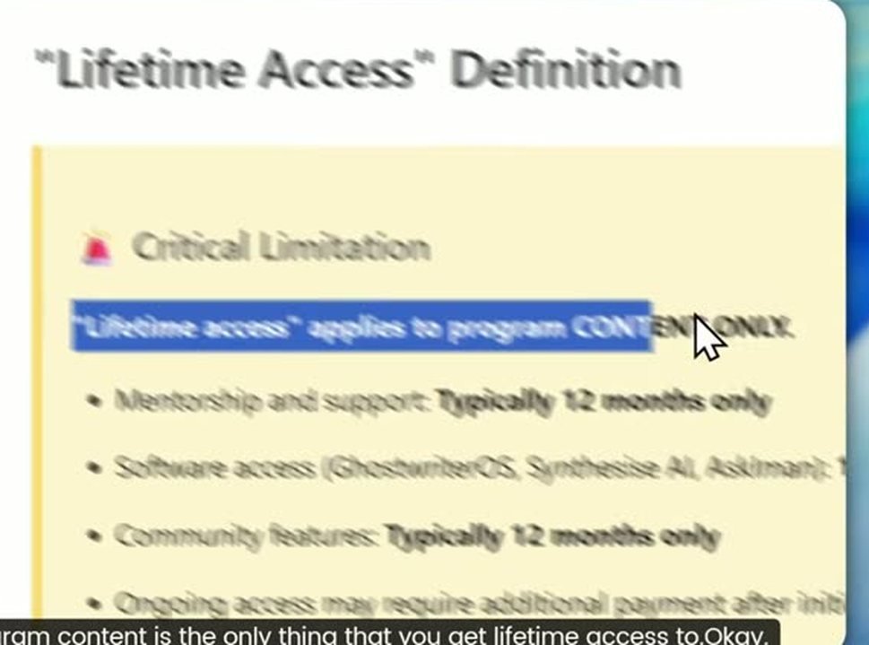 Monetise lifetime access limitation showing mentorship, software and community are typically 12 months only