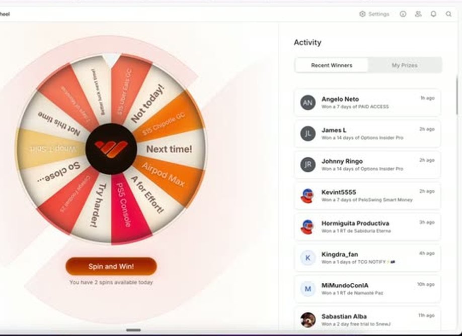The Monetise Wheel, a spin-to-win prize wheel inside the paid member area, with a live recent winners feed