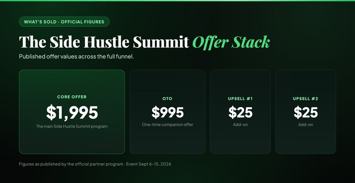 Side Hustle Summit offer stack — $1,995 core offer, $995 one-time companion offer and two $25 upsells, as published by the official partner program