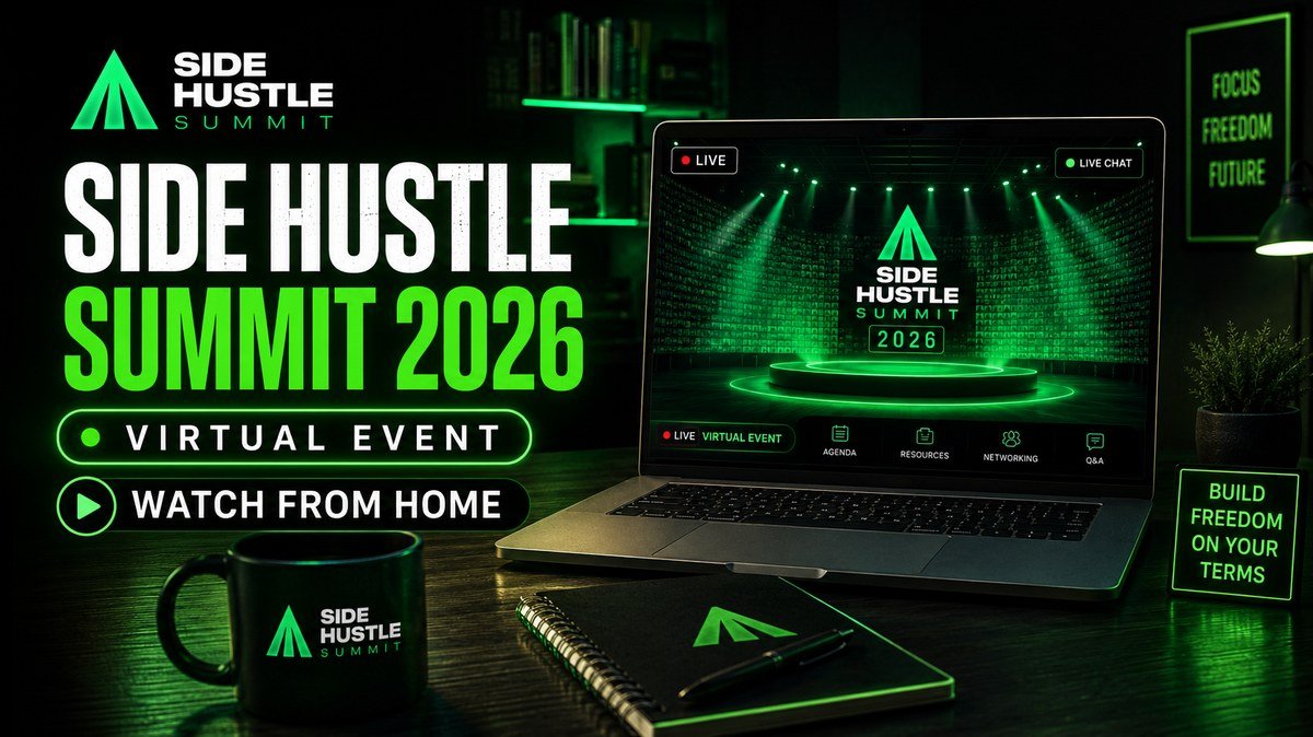 Side Hustle Summit 2026 virtual training viewed from a home desk — the event is 100% online